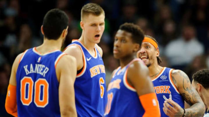 MINNEAPOLIS, MN – JANUARY 12: Michael Beasley #8 of the New York Knicks speaks with teammate Enes Kanter #00, Kristaps Porzingis #6 and Frank Ntilikina #11 during the game against the Minnesota Timberwolves on January 12, 2018 at the Target Center in Minneapolis, Minnesota. NOTE TO USER: User expressly acknowledges and agrees that, by downloading and or using this Photograph, user is consenting to the terms and conditions of the Getty Images License Agreement. (Photo by Hannah Foslien/Getty Images)