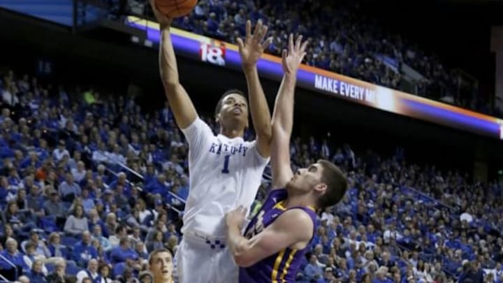 Nov 13, 2015; Lexington, KY, USA; Kentucky Wildcats forward Skal Labissiere (1) shoots the ball against Albany Great Danes forward Mike Rowley (10) in the second half of the game at Rupp Arena. Mandatory Credit: Mark Zerof-USA TODAY Sports