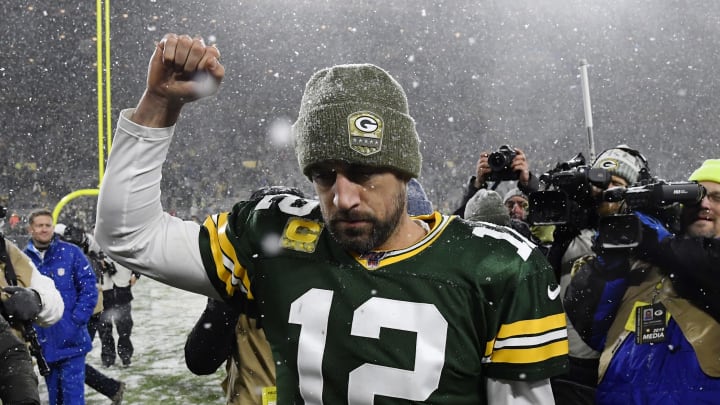 GREEN BAY, WISCONSIN – NOVEMBER 10: Aaron Rodgers #12 of the Green Bay Packers reacts after the win against the Carolina Panthers at Lambeau Field on November 10, 2019 in Green Bay, Wisconsin. (Photo by Quinn Harris/Getty Images)