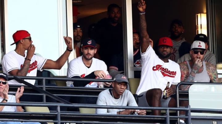 CLEVELAND, OH - OCTOBER 15: (L-R) National Basketball Association Cleveland Cavaliers players Channing Frye, Kevin Love, LeBron James and Chris Andersen attend game two of the American League Championship Series between the Toronto Blue Jays and the Cleveland Indians at Progressive Field on October 15, 2016 in Cleveland, Ohio. (Photo by Elsa/Getty Images)
