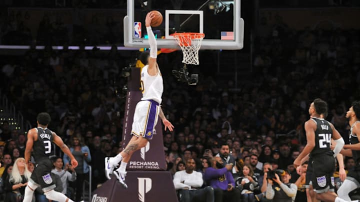 LOS ANGELES, CALIFORNIA - MARCH 24: Kyle Kuzma #0 of the Los Angeles Lakers dunks during a game against the Sacramento Kings at Staples Center on March 24, 2019 in Los Angeles, California. NOTE TO USER: User expressly acknowledges and agrees that, by downloading and or using this photograph, User is consenting to the terms and conditions of the Getty Images License Agreement. (Photo by Allen Berezovsky/Getty Images,) LOS ANGELES, CALIFORNIA - MARCH 24: Kyle Kuzma #0 of the Los Angeles Lakers dunks during a game against the Sacramento Kings at Staples Center on March 24, 2019 in Los Angeles, California. NOTE TO USER: User expressly acknowledges and agrees that, by downloading and or using this photograph, User is consenting to the terms and conditions of the Getty Images License Agreement. (Photo by Allen Berezovsky/Getty Images,)