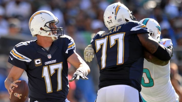 Nov 13, 2016; San Diego, CA, USA; San Diego Chargers quarterback Philip Rivers (17) looks to pass during the first quarter against the Miami Dolphins at Qualcomm Stadium. Mandatory Credit: Jake Roth-USA TODAY Sports