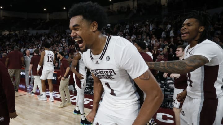 Jan 28, 2023; Starkville, Mississippi, USA; Mississippi State Bulldogs forward Tolu Smith (1) reacts after defeating the TCU Horned Frogs at Humphrey Coliseum. Mandatory Credit: Petre Thomas-USA TODAY Sports