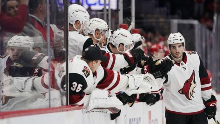 WASHINGTON, DC - NOVEMBER 11: Nick Schmaltz #8 of the Arizona Coyotes celebrates with his teammates after scoring a goal against Ilya Samsonov #30 of the Washington Capitals in a shootout at Capital One Arena on November 11, 2019 in Washington, DC. The Coyotes defeated the Capitals 4-3. (Photo by Patrick McDermott/NHLI via Getty Images)