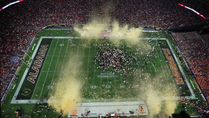 Jan 11, 2016; Glendale, AZ, USA; General view of the field after the game between the Alabama Crimson Tide and the Clemson Tigersin the 2016 CFP National Championship at University of Phoenix Stadium. Alabama won 45-40. Mandatory Credit: Erich Schlegel-USA TODAY Sports