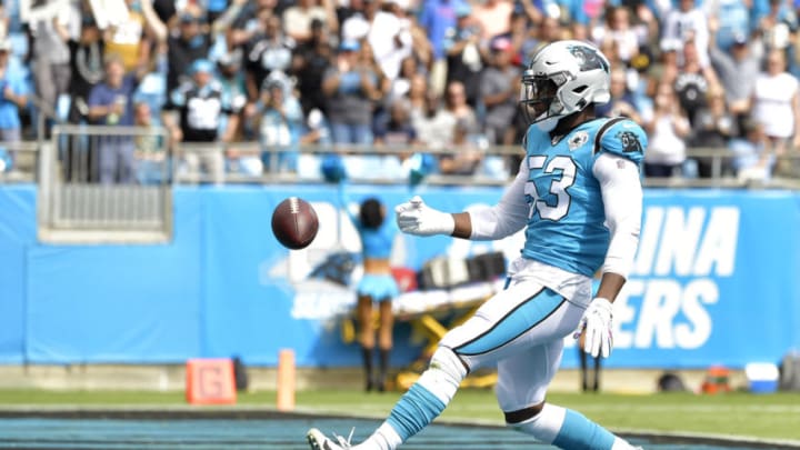 CHARLOTTE, NORTH CAROLINA - OCTOBER 06: Brian Burns #53 of the Carolina Panthers returns a fumble for a touchdown during the second quarter of their game against the Jacksonville Jaguars at Bank of America Stadium on October 06, 2019 in Charlotte, North Carolina. (Photo by Grant Halverson/Getty Images)