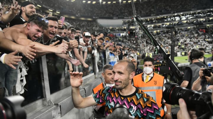 TURIN, ITALY - MAY 16: Giorgio Chiellini of Juventus FC reacts for last match as a player of Juventus FC during the Serie A match between Juventus and SS Lazio at Allianz Stadium on May 16, 2022 in Turin, Italy. (Photo by Stefano Guidi/Getty Images)