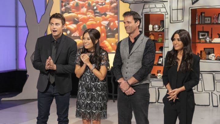 Left to Right: host Jonathan Bennet, judges Shinmin Li and Todd Tucker, and special guest judge Marisol Nichols, during judging of Episode 5 and finale Spine Chiller challenge "Look Out!!!", as seen on Halloween Wars, Season 10. Photo provided by Food Network