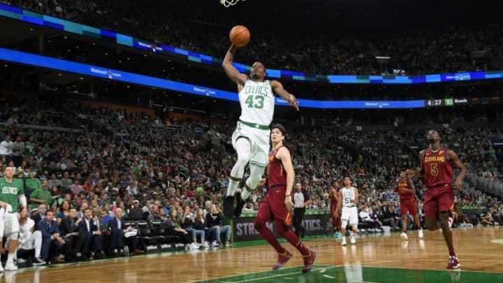 BOSTON, MA - OCTOBER 13: Javonte Green #43 of the Boston Celtics dunks the ball against the Cleveland Cavaliers during a pre-season game on October 13, 2019 at the TD Garden in Boston, Massachusetts. NOTE TO USER: User expressly acknowledges and agrees that, by downloading and or using this photograph, User is consenting to the terms and conditions of the Getty Images License Agreement. Mandatory Copyright Notice: Copyright 2019 NBAE (Photo by Brian Babineau/NBAE via Getty Images)