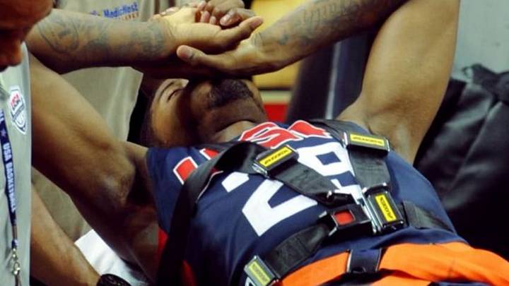 Aug 1, 2014; Las Vegas, NV, USA; Team USA guard Paul George is carted off the floor on a gurney after suffering a lower leg injury during the USA Basketball Showcase at Thomas & Mack Center. Mandatory Credit: Stephen R. Sylvanie-USA TODAY Sports
