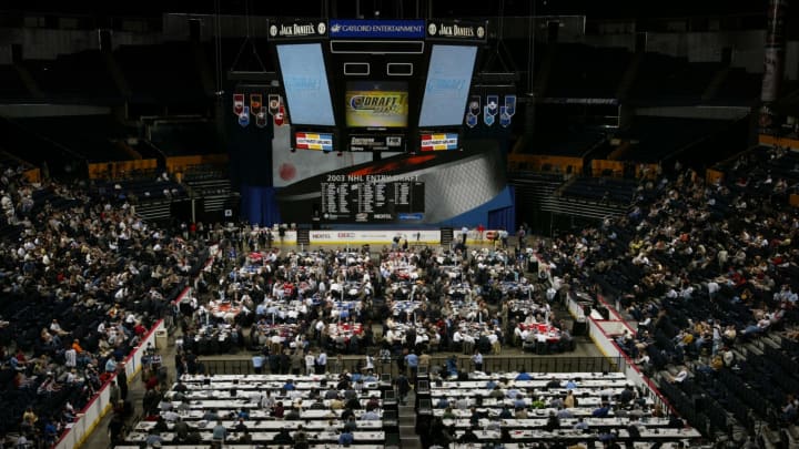 NASHVILLE, TN – JUNE 21: National Hockey League teams stand ready to begin the 2003 NHL Entry Draft at the Gaylord Entertainment Center on June 21, 2003 in Nashville, Tennessee. (Photo by Doug Pensinger/Getty Images/NHLI)