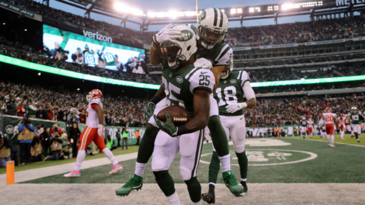 EAST RUTHERFORD, NJ - DECEMBER 03: Elijah McGuire of the New York Jets celebrates with Jermaine Kearse #10 of the New York Jets after scoring a touchdown in the fourth quarter during their game at MetLife Stadium on December 3, 2017 in East Rutherford, New Jersey. (Photo by Abbie Parr/Getty Images)
