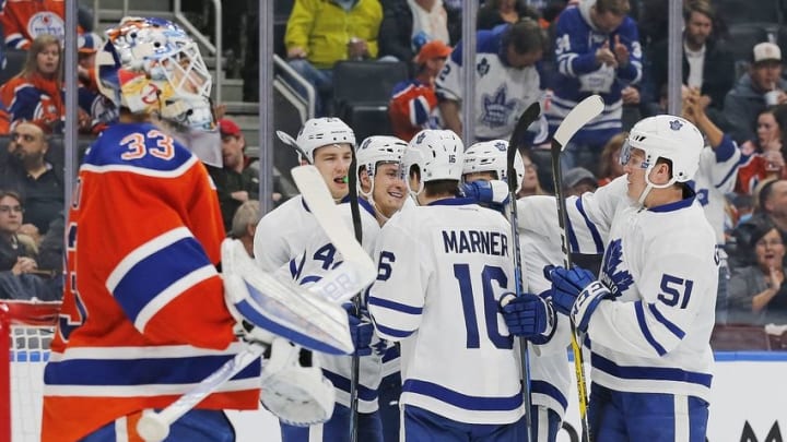 Nov 29, 2016; Edmonton, Alberta, CAN; The Toronto Maple Leafs celebrate a second period goal by forward James van Riemsdyk (25) against the Edmonton Oilers at Rogers Place. Mandatory Credit: Perry Nelson-USA TODAY Sports