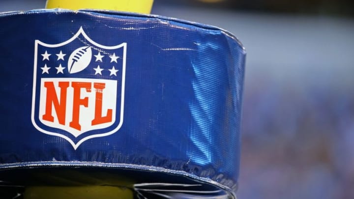 Sep 11, 2016; Indianapolis, IN, USA; A view of the NFL shield logo in the end zone at Lucas Oil Stadium during a game between the Detroit Lions and the Indianapolis Colts. The Lions won 39-35. Mandatory Credit: Aaron Doster-USA TODAY Sports