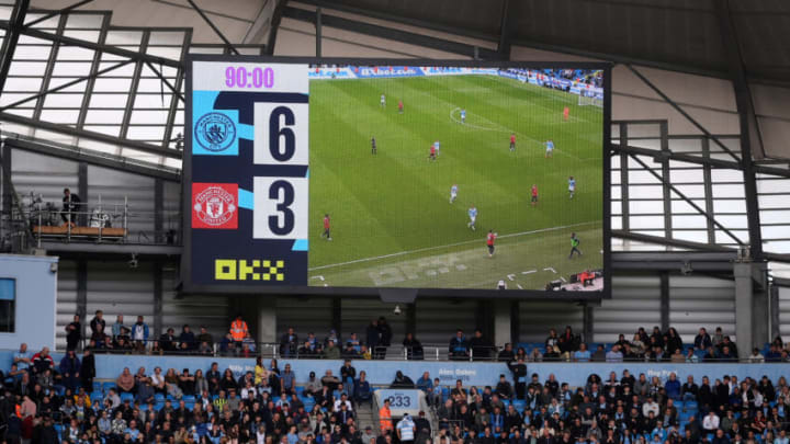 MANCHESTER, ENGLAND - OCTOBER 02: Detailed view of the LED Screen inside of the stadium displaying the score 6-3 to Manchester City during the Premier League match between Manchester City and Manchester United at Etihad Stadium on October 02, 2022 in Manchester, England. (Photo by Laurence Griffiths/Getty Images)