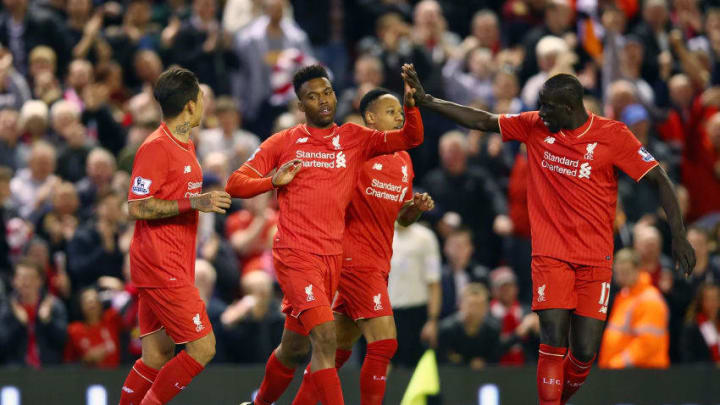 LIVERPOOL, ENGLAND - APRIL 20: Daniel Sturridge of Liverpool celebrates with Mamadou Sakho of Liverpool after scoring his sides third goal during the Barclays Premier League match between Liverpool and Everton at Anfield, April 20, 2016, Liverpool, England (Photo by Clive Brunskill/Getty Images)