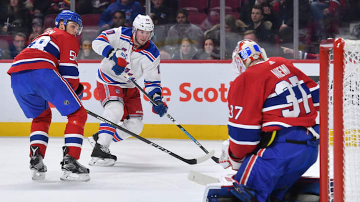 MONTREAL, QC - FEBRUARY 22: Antti Niemi #37 of the Montreal Canadiens makes a save off the shot by J.T. Miller #10 of the New York Rangers in the NHL game at the Bell Centre on February 22, 2018 in Montreal, Quebec, Canada. (Photo by Francois Lacasse/NHLI via Getty Images)
