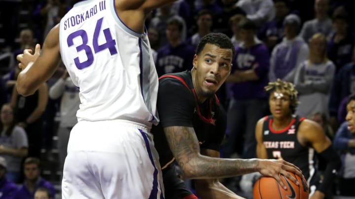 Jan 14, 2020; Manhattan, Kansas, USA; Texas Tech Red Raiders guard Kevin McCullar Jr. is guarded by Kansas State Wildcats forward Levi Stockard III (34) during the second half of a game at Bramlage Coliseum. Mandatory Credit: Scott Sewell-USA TODAY Sports