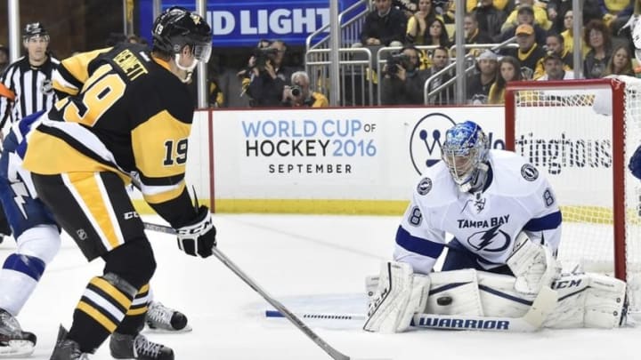 May 22, 2016; Pittsburgh, PA, USA; Tampa Bay Lightning goalie Andrei Vasilevskiy (88) makes a save against Pittsburgh Penguins right wing Beau Bennett (19) during the second period in game five of the Eastern Conference Final of the 2016 Stanley Cup Playoffs at Consol Energy Center. Tampa Bay won 4-3 in OT. Mandatory Credit: Don Wright-USA TODAY Sports