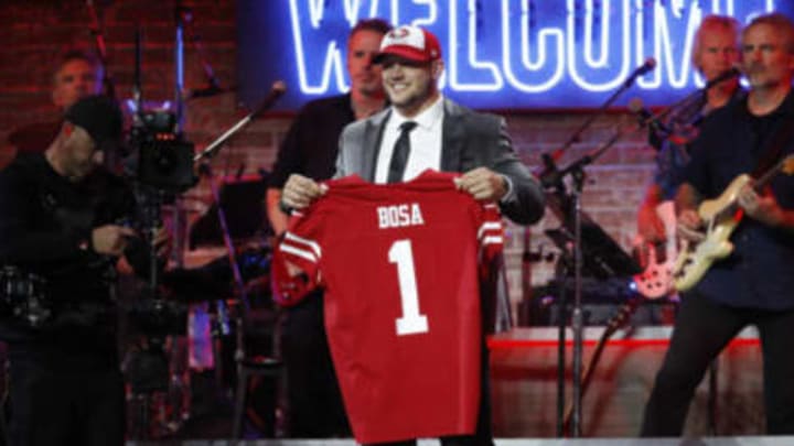 NASHVILLE, TENNESSEE – APRIL 25: Nick Bosa poses with a jersey after being picked 2nd overall by the San Francisco 49ers on day 1 of the 2019 NFL Draft on April 25, 2019 in Nashville, Tennessee. San Francisco 49ers (Photo by Frederick Breedon/Getty Images)