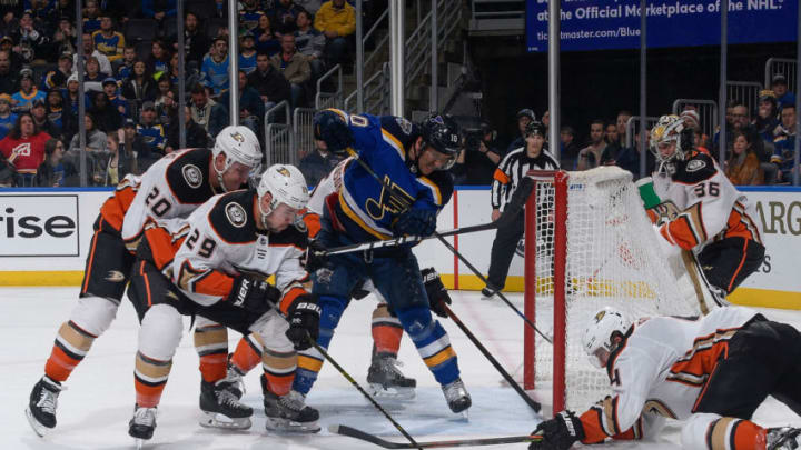 ST. LOUIS, MO - JANUARY 13: Nicolas Deslauriers #20 and Devin Shore #29 of the Anaheim Ducks defend the net against Brayden Schenn #10 of the St. Louis Blues at Enterprise Center on January 13, 2020 in St. Louis, Missouri. (Photo by Scott Rovak/NHLI via Getty Images)