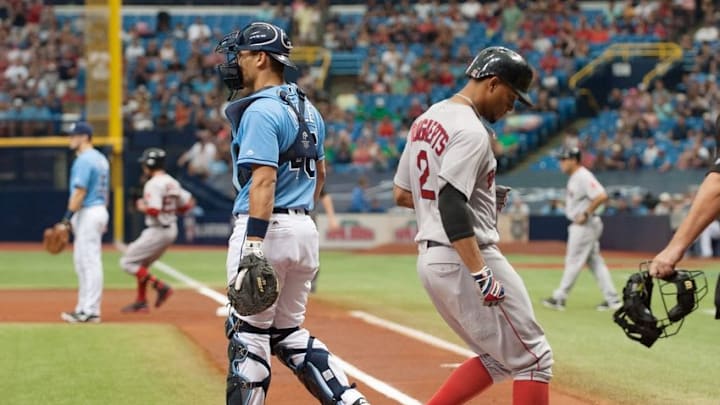 Sep 25, 2016; St. Petersburg, FL, USA; Boston Red Sox short stop Xander Bogaerts (2) scores a run in the first inning against the Tampa Bay Rays at Tropicana Field. Mandatory Credit: Jeff Griffith-USA TODAY Sports
