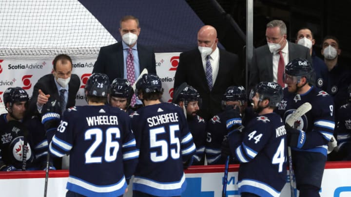 WINNIPEG, MANITOBA - MAY 08: Head coach Paul Maurice of the Winnipeg Jets on the bench during third period NHL action against the Ottawa Senators on May 8, 2021 at Bell MTS Place in Winnipeg, Manitoba, Canada. (Photo by Jason Halstead/Getty Images)