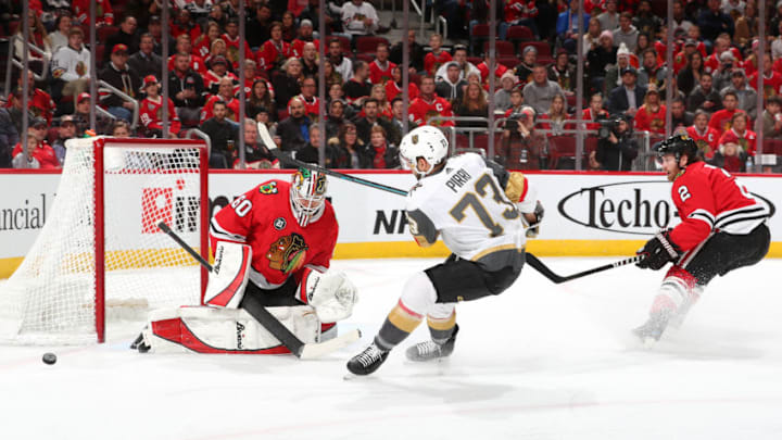 CHICAGO, IL - JANUARY 12: Brandon Pirri #73 of the Vegas Golden Knights shoots against goalie Collin Delia #60 of the Chicago Blackhawks in the first period at the United Center on January 12, 2019 in Chicago, Illinois. (Photo by Chase Agnello-Dean/NHLI via Getty Images)