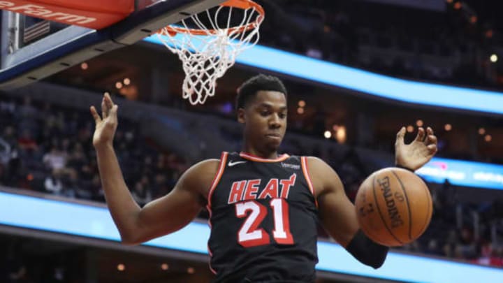 WASHINGTON, DC – NOVEMBER 17: Hassan Whiteside #21 of the Miami Heat dunks the ball in the first half against the Washington Wizards at Capital One Arena on November 17, 2017 in Washington, DC. NOTE TO USER: User expressly acknowledges and agrees that, by downloading and or using this photograph, User is consenting to the terms and conditions of the Getty Images License Agreement. (Photo by Rob Carr/Getty Images)