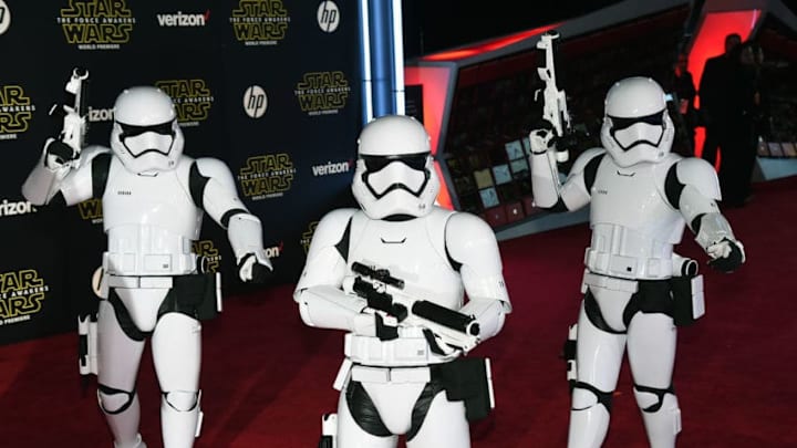HOLLYWOOD, CA - DECEMBER 14: Stormtrooper characters walk down the red carpet at the premiere of Walt Disney Pictures and Lucasfilm's 'Star Wars: The Force Awakens' at the Dolby Theatre on December 14, 2015 in Hollywood, California. (Photo by Ethan Miller/Getty Images)