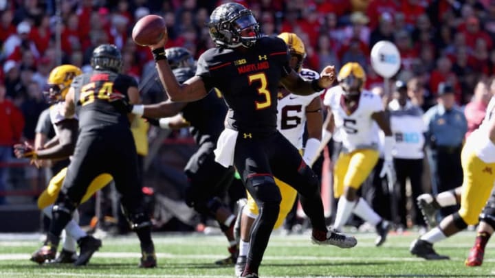 COLLEGE PARK, MD - OCTOBER 15: Quarterback Tyrrell Pigrome #3 of the Maryland Terrapins throws a pass against the Minnesota Golden Gophers in the first half at Capital One Field on October 15, 2016 in College Park, Maryland. (Photo by Rob Carr/Getty Images)