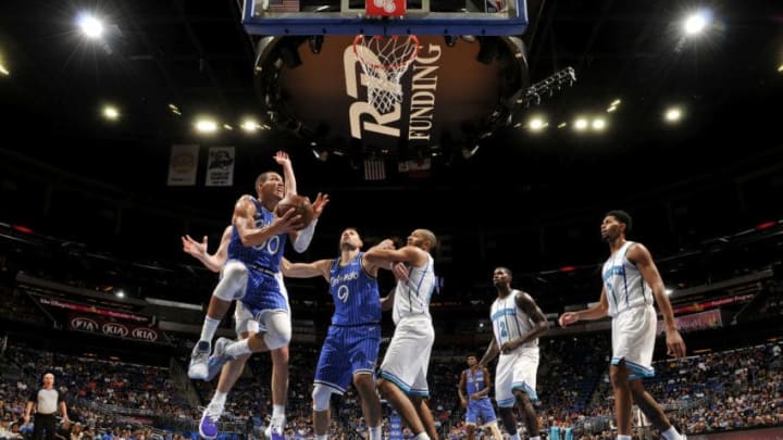 ORLANDO, FL - OCTOBER 19: Aaron Gordon #00 of the Orlando Magic drives to the basket against the Charlotte Hornets during a game on October 19, 2018 at Amway Center in Orlando, Florida. NOTE TO USER: User expressly acknowledges and agrees that, by downloading and/or using this Photograph, user is consenting to the terms and conditions of the Getty Images License Agreement. Mandatory Copyright Notice: Copyright 2018 NBAE (Photo by Fernando Medina/NBAE via Getty Images)