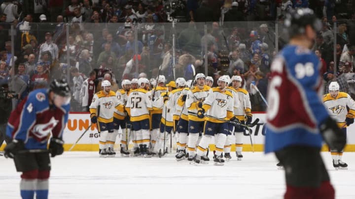DENVER, CO - APRIL 18: Members of the Nashville Predators celebrate a win following a first round playoff game between the Colorado Avalanche and the visiting Nashville Predators on April 18, 2018 at the Pepsi Center in Denver, CO. (Photo by Russell Lansford/Icon Sportswire via Getty Images)