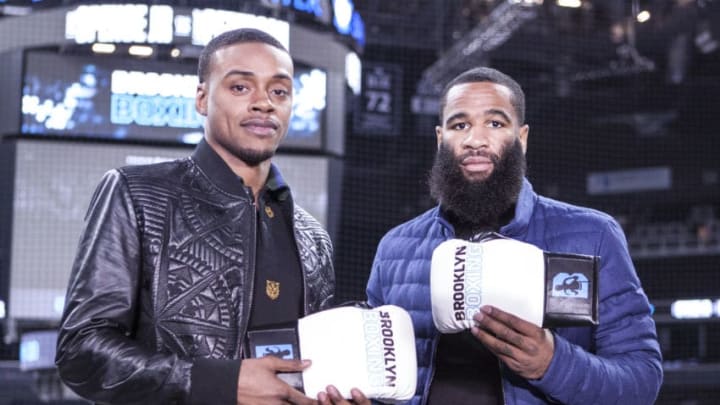 NEW YORK, NY - NOVEMBER 29: Errol Spence, Jr and Lamont Peterson speak to the press and pose during the press conference announcing their upcoming Championship Welterweight fight in January, at the Barclays Center November 29, 2017 in Brooklyn, New York. (Photo by Bill Tompkins/Getty Images)