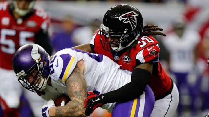 ATLANTA, GA - NOVEMBER 29: Kyle Rudolph #82 of the Minnesota Vikings is tackled by Charles Godfrey #30 of the Atlanta Falcons during the second half at the Georgia Dome on November 29, 2015 in Atlanta, Georgia. (Photo by Kevin C. Cox/Getty Images)