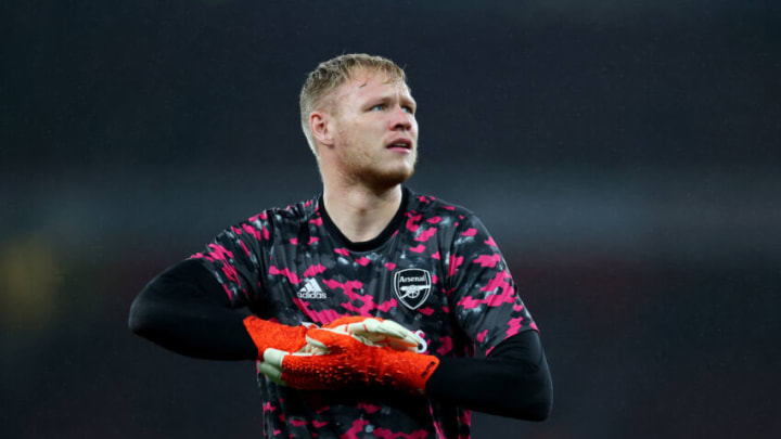 LONDON, ENGLAND - OCTOBER 18: Aaron Ramsdale of Arsenal warms up ahead of the Premier League match between Arsenal and Crystal Palace at Emirates Stadium on October 18, 2021 in London, England. (Photo by Catherine Ivill/Getty Images)