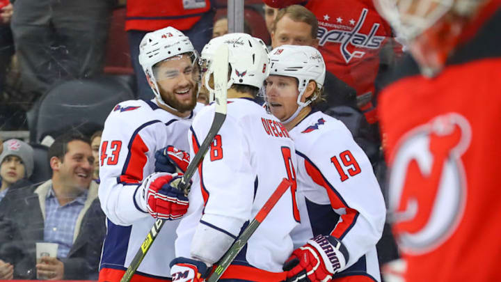 NEWARK, NJ - MARCH 19: Washington Capitals right wing Tom Wilson (43) celebrates after he scores during the second period of the National Hockey League Game between the New Jersey Devils and the Washington Capitals on March 19, 2019 at the Prudential Center in Newark, NJ. (Photo by Rich Graessle/Icon Sportswire via Getty Images)