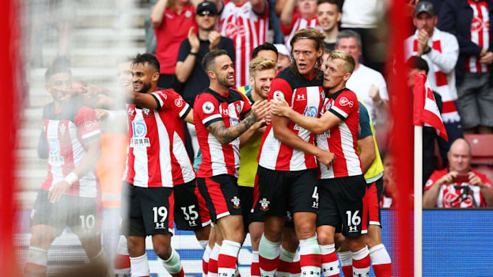 SOUTHAMPTON, ENGLAND - AUGUST 31: Jannik Vestergaard of Southampton celebrates with teammates after scoring his team's first goal during the Premier League match between Southampton FC and Manchester United at St Mary's Stadium on August 31, 2019 in Southampton, United Kingdom. (Photo by Steve Bardens/Getty Images)