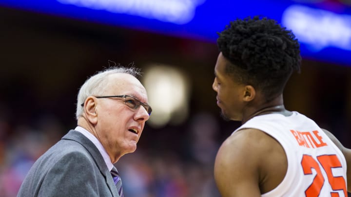 SYRACUSE, NY – DECEMBER 18: Head coach Jim Boeheim of the Syracuse Orange speaks with Tyus Battle #25 during the first half against the Buffalo Bulls at the Carrier Dome on December 18, 2018 in Syracuse, New York. (Photo by Brett Carlsen/Getty Images)