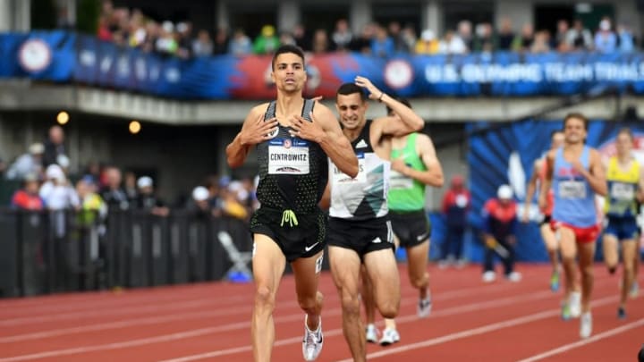 Jul 10, 2016; Eugene, OR, USA; Matthew Centrowitz celebrates after winning the 1,500m in 3:34.09 during the 2016 U.S. Olympic Team Trials at Hayward Field. Mandatory Credit: Kirby Lee-USA TODAY Sports