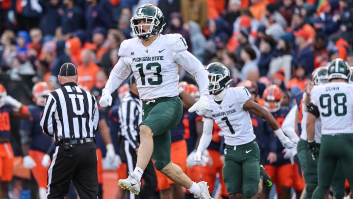 CHAMPAIGN, IL – NOVEMBER 05: Ben VanSumeren #13 of the Michigan State Spartans reacts during the game against the Illinois Fighting Illini at Memorial Stadium on November 5, 2022 in Champaign, Illinois. (Photo by Michael Hickey/Getty Images)