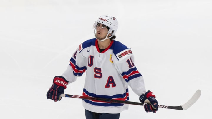 EDMONTON, AB - DECEMBER 25: Matthew Beniers #10 of the United States skates against Russia during the 2021 IIHF World Junior Championship at Rogers Place on December 25, 2020 in Edmonton, Canada. (Photo by Codie McLachlan/Getty Images)