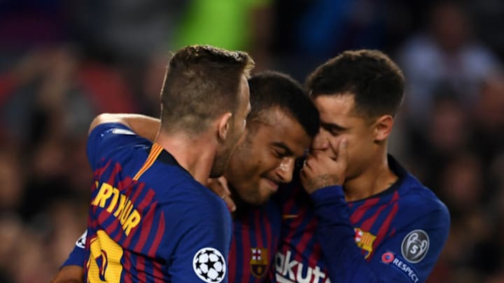 BARCELONA, SPAIN - OCTOBER 24: Rafinha of Barcelona celebrates scoring his side's first goal during the Group B match of the UEFA Champions League between FC Barcelona and FC Internazionale at Camp Nou on October 24, 2018 in Barcelona, Spain. (Photo by Etsuo Hara/Getty Images)