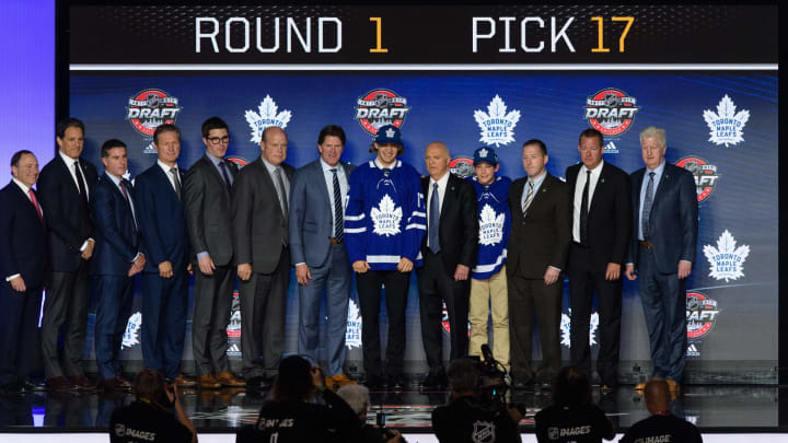 CHICAGO, IL – JUNE 23: The Toronto Maple Leafs select defenseman Timothy Liljegren with the 17th pick in the first round of the 2017 NHL Draft on June 23, 2017, at the United Center in Chicago, IL. (Photo by Daniel Bartel/Icon Sportswire via Getty Images)