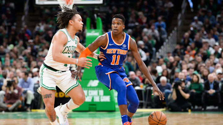 BOSTON, MA - NOVEMBER 1: Frank Ntilikina #11 of the New York Knicks is defended by Carsen Edwards #4 of the Boston Celtics in the first half at TD Garden on November 1, 2019 in Boston, Massachusetts. NOTE TO USER: User expressly acknowledges and agrees that, by downloading and or using this photograph, User is consenting to the terms and conditions of the Getty Images License Agreement. (Photo by Kathryn Riley/Getty Images)