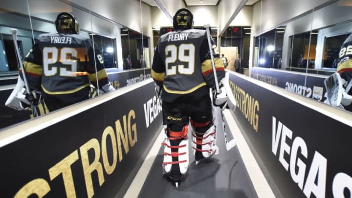 LAS VEGAS, NV - DECEMBER 12: Marc-Andre Fleury #29 of the Vegas Golden Knights warms up prior to the game against the Carolina Hurricanes at T-Mobile Arena on December 12, 2017 in Las Vegas, Nevada. (Photo by David Becker/NHLI via Getty Images)