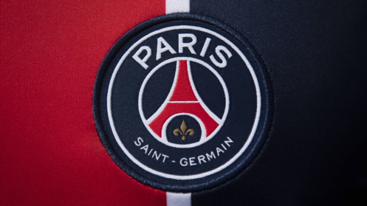 MANCHESTER, ENGLAND - AUGUST 13: The Paris Saint-Germain club crest on the first team home shirt on August 13, 2020 in Manchester, United Kingdom. (Photo by Visionhaus)