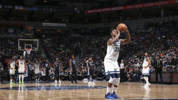 MINNEAPOLIS, MN - APRIL 9: Jimmy Butler #23 of the Minnesota Timberwolves shoots the ball against the Memphis Grizzlies on April 9, 2018 at Target Center in Minneapolis, Minnesota. NOTE TO USER: User expressly acknowledges and agrees that, by downloading and or using this Photograph, user is consenting to the terms and conditions of the Getty Images License Agreement. Mandatory Copyright Notice: Copyright 2018 NBAE (Photo by David Sherman/NBAE via Getty Images)