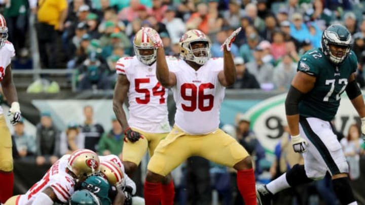 PHILADELPHIA, PA – OCTOBER 29: Derek Barnett #96 of the San Francisco 49ers reacts after LeGarrette Blount #29 of the Philadelphia Eagles is tackled for a loss in the first quarter during their game at Lincoln Financial Field on October 29, 2017 in Philadelphia, Pennsylvania. (Photo by Abbie Parr/Getty Images)