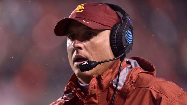 SALT LAKE CITY, UT – SEPTEMBER 23: Head coach Clay Helton of the USC Trojans looks on in the third quarter of their 31-27 loss to the Utah Utes at Rice-Eccles Stadium on September 23, 2016 in Salt Lake City, Utah. (Photo by Gene Sweeney Jr/Getty Images)